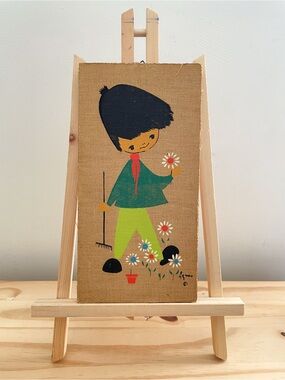 VTG Mid Century Agnes Boy with Flowers Burlap Wood Wall Art Plaque Panel MCM